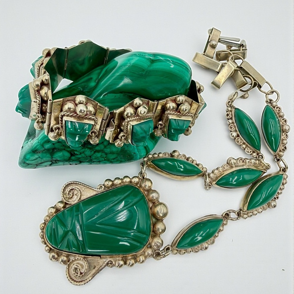 Vintage Mexico Sterling Green Onyx Aztec Mask Necklace Bracelet Set 17” & 7” - Picture 10 of 17